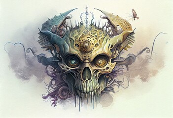 Watercolor Illustration of a Biomechanical Creature With Skull Face, Complex Alien Fractal Structure, Digital Illustration. Generative AI