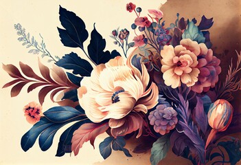 Watercolor Illustration of a Beautiful Fantasy Vintage Wallpaper Different Botanical Flower Bunch,Vintage Motif For Floral Print Digital Background. Generative AI