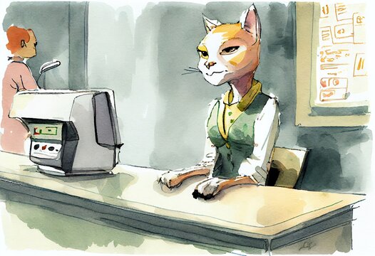 Watercolor Illustration of a Cashier In Bank Cat Working Job Profession Illustration. Generative AI