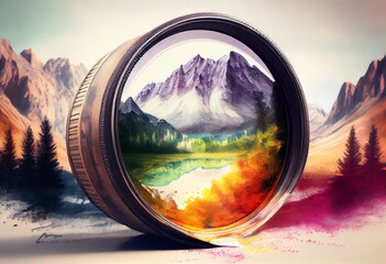 Watercolor Illustration of a Lens Filter On Background Of Beautiful Mountain Landscape, Concept Of Optical Effects, Nature Photography, Travel And Color Correction,. Generative AI