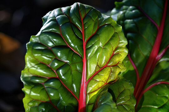The glowing beauty of swiss chard leaves, with their vibrant red veins, offers a close-up look at the marvels of the garden, inviting admiration and the appreciation of nature's designs