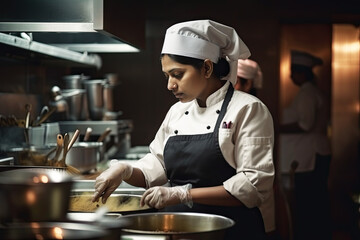 Female Indian Chef from Kolkata preparing meal, Generative AI