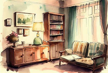 Watercolor Illustration of a Old Vintage Interior. Retro Room. Generative AI