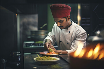 Male Indian chef preparing food in kitchen, Generative AI