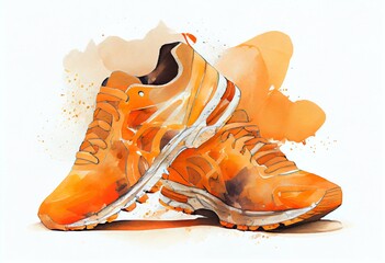 Watercolor Illustration of a Sport Shoes, Orange Color Pair Of Running Sneakers Isolated On White Background. Generative AI