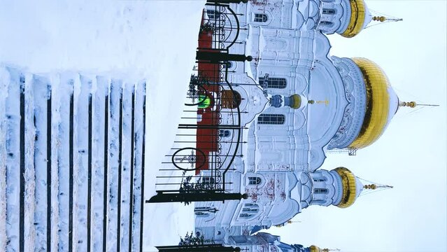 Belogorsky St. Nicholas Orthodox Missionary Monastery. Russia, Perm Krai, Belaya Gora. The temple on the hill in winter. Monastery on the background of snow. 4K