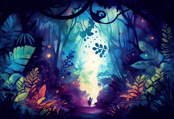 Watercolor Illustration of a Tropical And Exotic Night Forest,Fairytale Forest With Mystical Magic Lights. Living Greenery Of The Forest Background Environment. Generative AI
