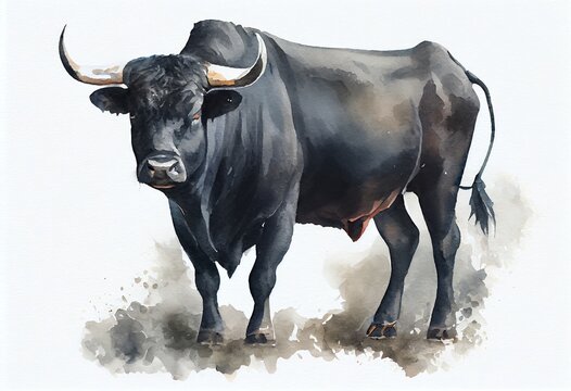 Watercolor Illustration of agry Black Bull On A White Background. Generative AI