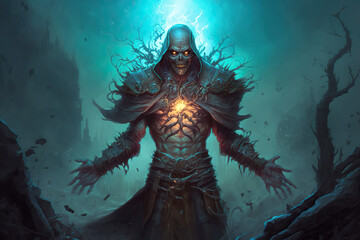 A sinister devastated necromancer in a spiked hood and a torn cloak over hundreds of rising zombie on the battlefield among the ruins art - obrazy, fototapety, plakaty