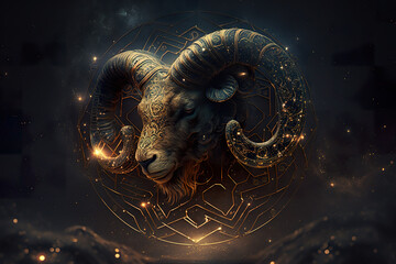 Aries zodiac sign horoscope symbol magic astrology aries in fantastic night sky. Astrological zodiac signs of aries. Aries horoscope. 3D realistic illustration. Based on Generative AI