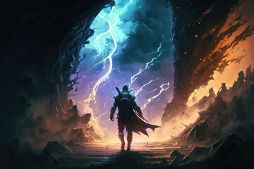 Hero walking in the illusory space, digital painting illustration