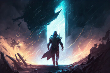 Hero walking in the illusory space, digital painting illustration