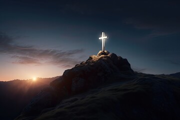 Glowing Jesus Christ Cross Crucifix Christianity On Top of the Mountain at Sunrise