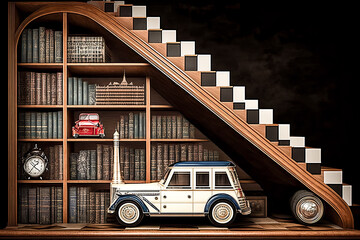 A Bookshelves neatly lined with various titles, chess and other games, united in harmony - generative ai.