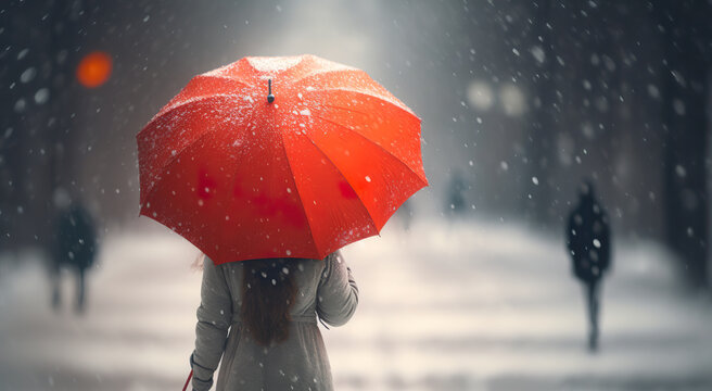 Woman from the back holding red umbrella in the snow 3D rendering. Girl romantic portrait first snow autumn. 3D realistic illustration. Based on Generative AI