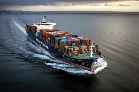 Aerial Shot with the container cargo ship at sea or ocean. Logistic goods transport import and export goods transport in containers with the container ship. AI generated illustration.