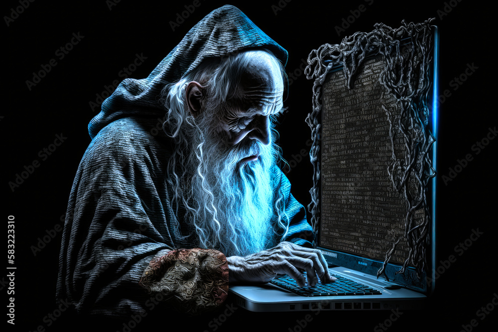 Wall mural old fictional wizard using a laptop computer