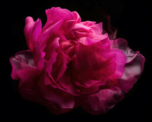 An intense pink and magenta photo of a rose petal in midair. Trendy color of 2023 Viva Magenta.. AI generation.
