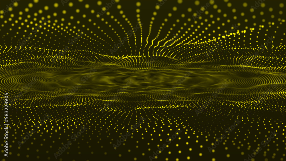 Poster Abstract yellow background 3D wave lines flowing particles smooth curve shape dots blended mesh technology futuristic concept. Abstract trapcode form digital particle wave and lights background.