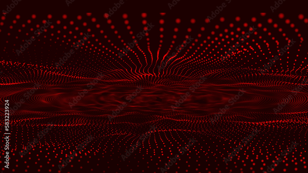 Poster trapcode form glowing dots background. red dots particles wave pattern halftone gradient curve shape
