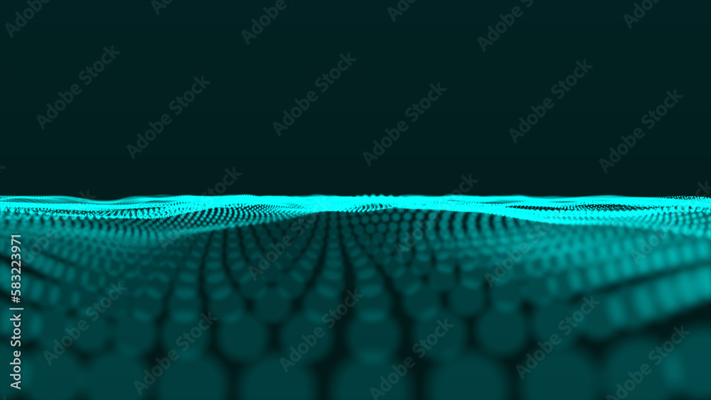 Poster Hi-tech abstract waving dots particle technology background design. Green color abstract background with dynamic elements of waves.