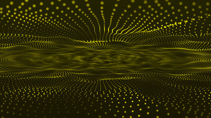 Abstract yellow background 3D wave lines flowing particles smooth curve shape dots blended mesh technology futuristic concept. Abstract trapcode form digital particle wave and lights background.