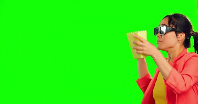 Woman, 3d and glasses by green screen with popcorn at movies, fear or scared by studio background. Young asian, girl and cinema mock up with movie, horror or surprise with lens for holographic vision
