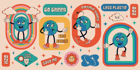 Sticker sticker Earth in trendy retro cartoon style and 70s colors. Set of posters for Earth Day. World Environment Day. Groovy vector illustration of planet earth, globe with smiley face. Eco green c