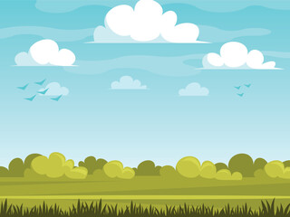 Obraz premium Cartoon simple nature background with lawn, path, bushes and cloudy sky. Vector graphics