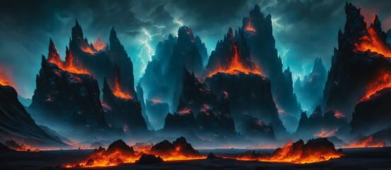 An abandoned hellish landscape with lightning and fire, and glimpses of mountains in the background.. Generative AI