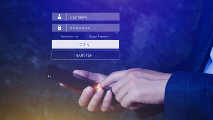 cyber security and Security password login online concept Hands typing and entering username and password of social media, login with smartphone to online bank account, data protection hacker