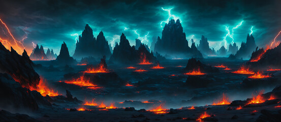An abandoned hellish landscape with lightning and fire, and glimpses of mountains in the background.. Generative AI