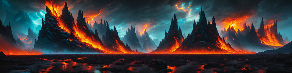 An abandoned hellish landscape with lightning and fire, and glimpses of mountains in the background.. Generative AI