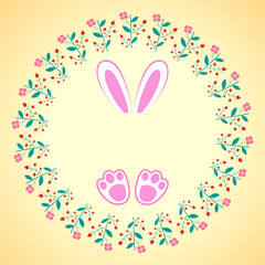Easter card with rabbit ears and paws. Decorative vector wreath. Background for text. Holiday postcard.