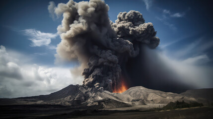 volcanic eruption with ash ejection into the air and lava flows. generative AI