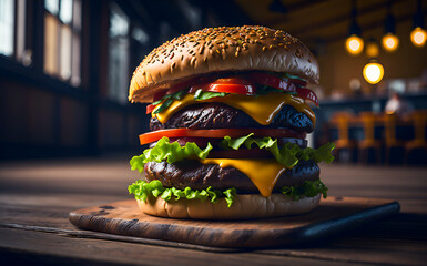 Hamburger Beef Burgers on Wooden Board, Generative AI