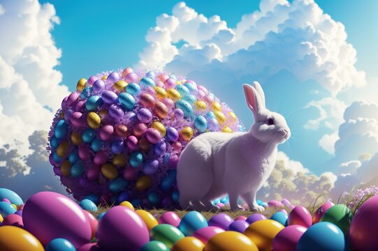 An Easter white rabbit is sitting in a field of colorful Easter eggs with a large egg-shaped bundle of Easter eggs in the background. Generative AI.