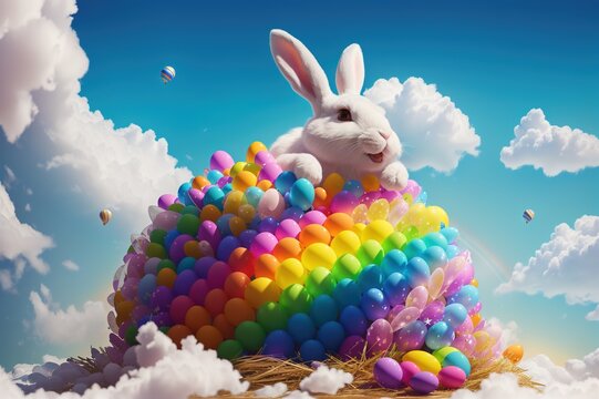 An Easter white rabbit is sitting on top of a large egg-shaped bundle of Easter eggs. Generative AI.
