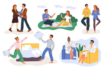 Cute couple spend time together. Friends activities. Guys and girls fight with pillows at pajama party. People drink wine at picnic. Home spa. Persons practice yoga. Garish vector set