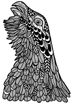 Schwarz-weiße Zeichnung von einem krähenden Auerhahn