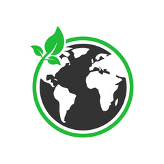 Green Planet Icon with Globe and plant symbol. Editable Vector Sign Design.