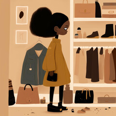 A young black girl carefully browsing through a variety of fashionable clothing items at a boutique.. AI generation.