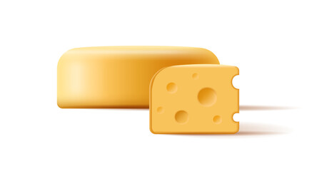 3d head of yellow cheese with a cut off piece. Modern image of fresh farm natural cheese for advertising design on white background.