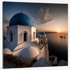 Enjoying the Sunset from the Blue Dome Church in Oia, Santorin, Greece. AI