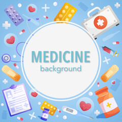 Vector illustration. Medicine elements background in flat style. World health day illustration. Pharmacy with pills, drugs, medical bottles. Medication and health treatment concept.
