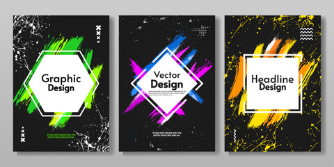 Naklejka premium Set of abstract posters with dark background. Vector illustration. Modern colors. Paint splash and scratches. Creative vector design for cover, poster, brochure.