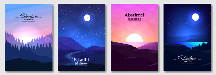Vector illustration. Landscapes set. Flat style. Sunset and sunrise. Night with river. Design for, cover, poster, banner, touristic card. 