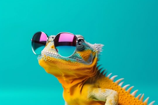 Cool Lizard Iguana with Mirror Sunglasses on Turquoise Background 