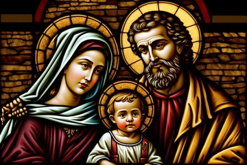 Wallpaper Illustration and background of Jesus, Mary and Joseph, holy family. Front view. Concept of religion, belief and faith . Generative AI.