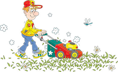 Obraz na płótnie Canvas Funny boy lawnmower with a grass-cutter tending his green summer lawn, vector cartoon illustration isolated on a white background